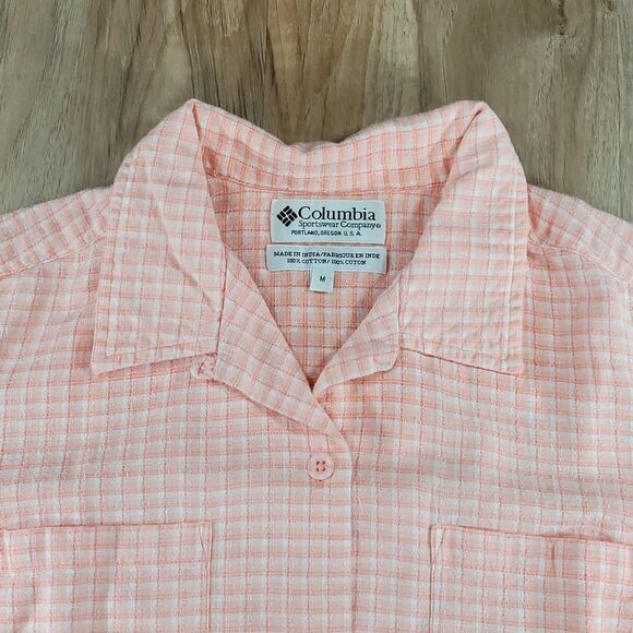 🔺️Columbia Peach Plaid Button Front Short Sleeve Shirt Medium - Picture 3 of 12